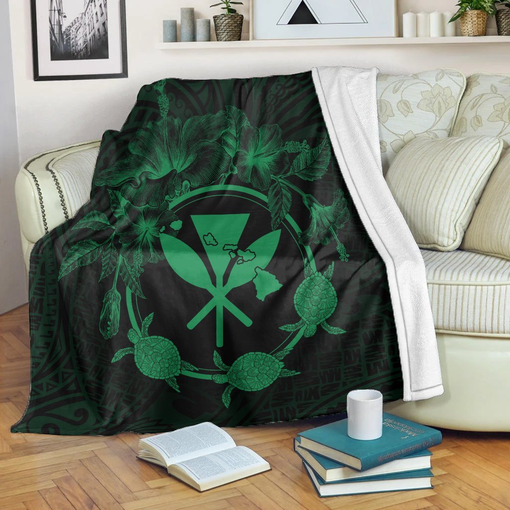 Hawaii Kanaka Turtle Hibiscus Polynesian Premium Blankets - Anthea Style Green - AH White - Polynesian Pride