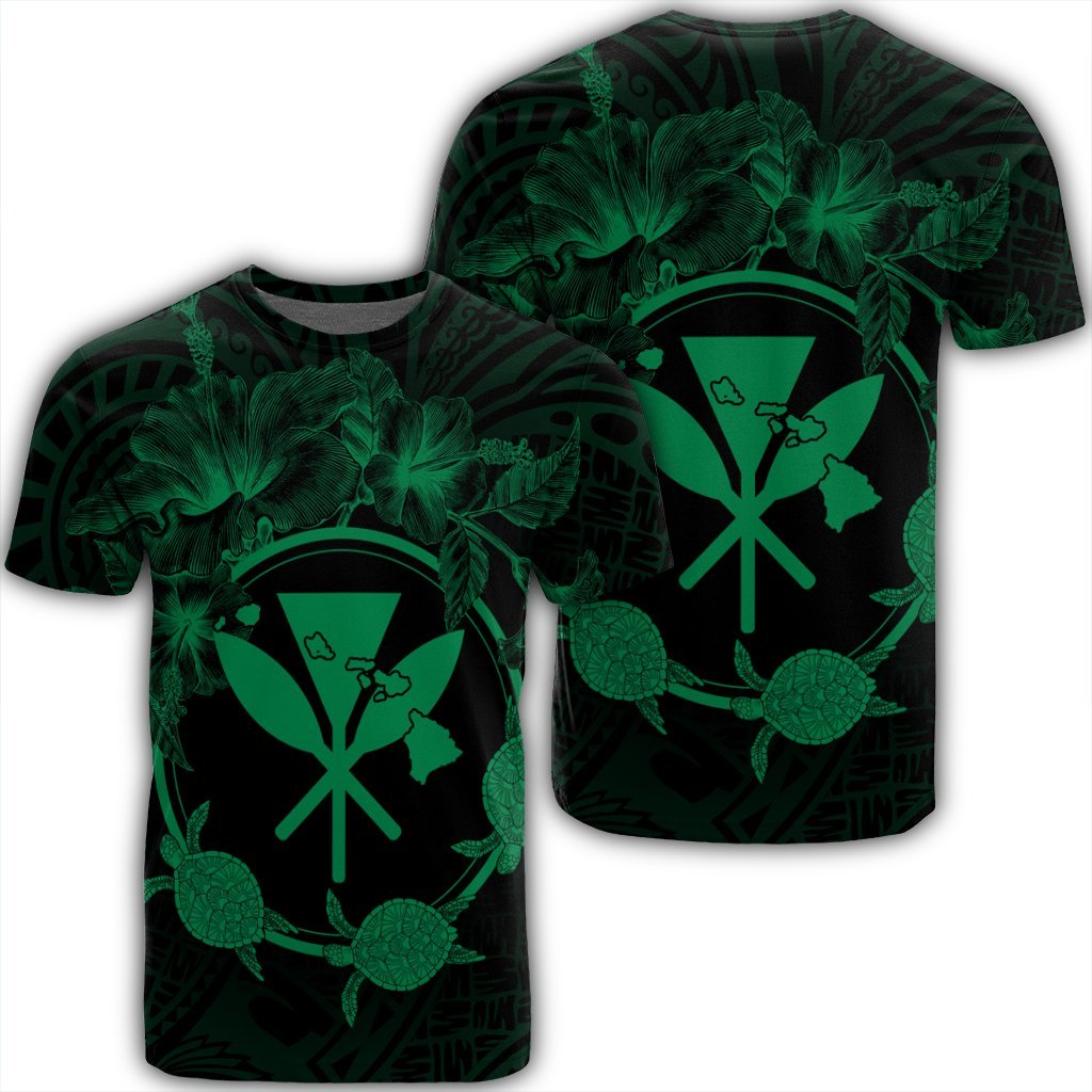 Hawaii Kanaka Turtle Hibiscus Polynesian T Shirt Anthea Style Green Unisex Black - Polynesian Pride