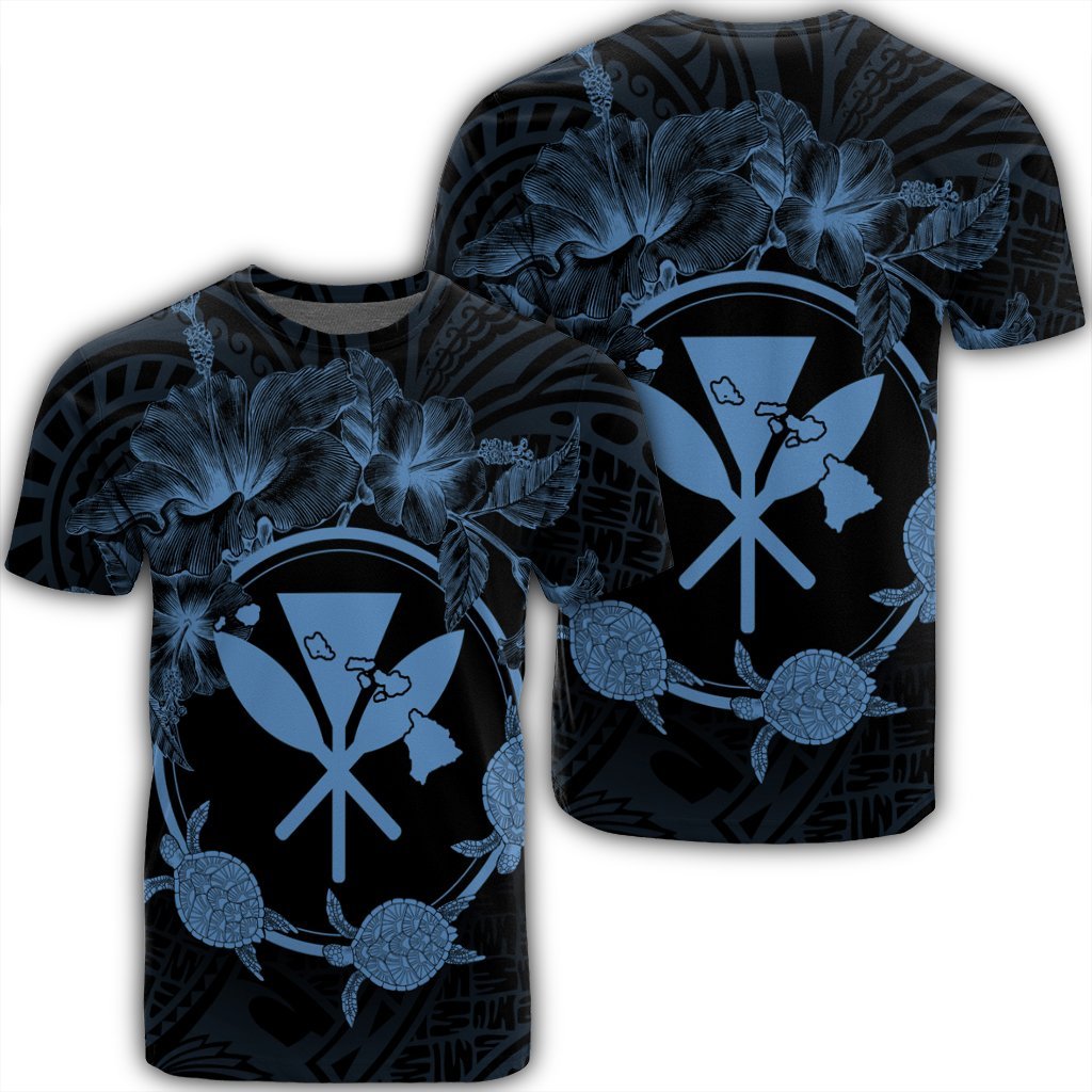 Hawaii Kanaka Turtle Hibiscus Polynesian T Shirt Anthea Style Pastel Blue Unisex Black - Polynesian Pride