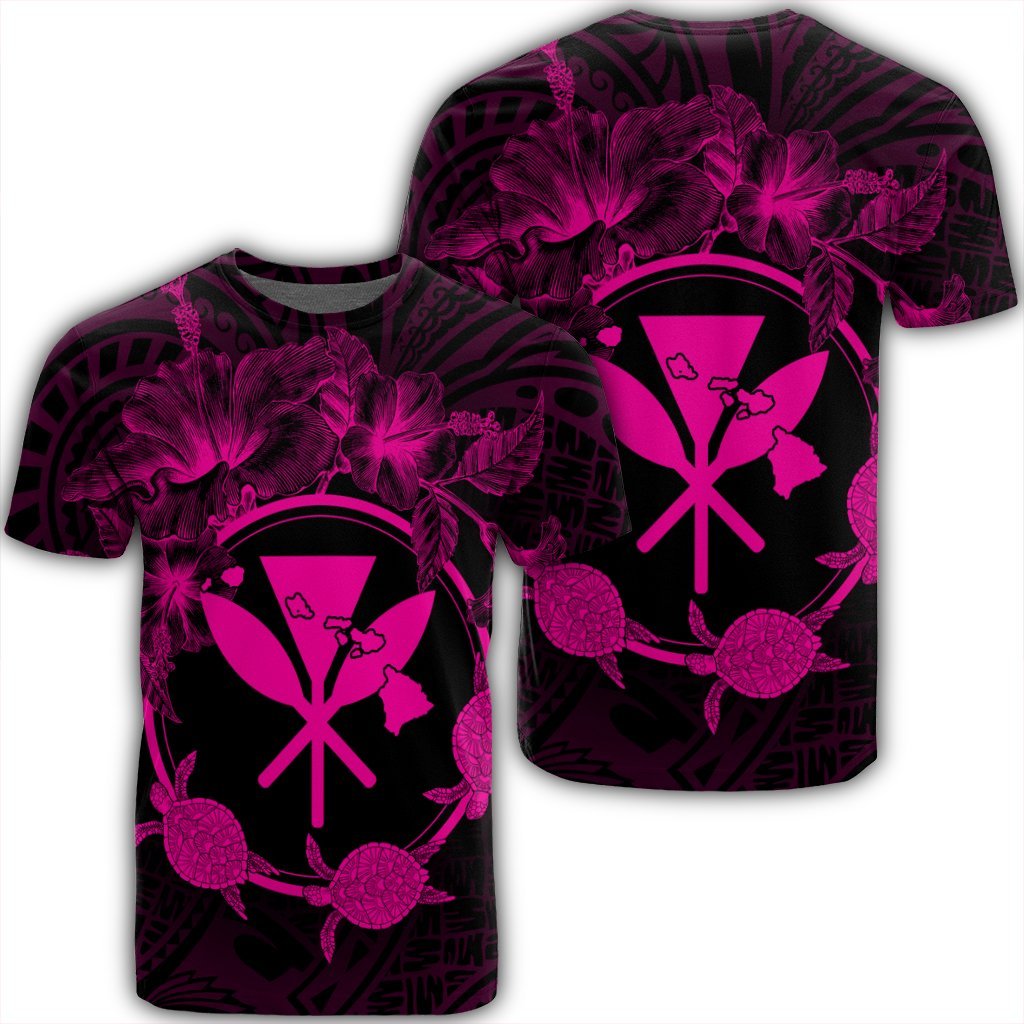 Hawaii Kanaka Turtle Hibiscus Polynesian T Shirt Anthea Style Pink Unisex Black - Polynesian Pride