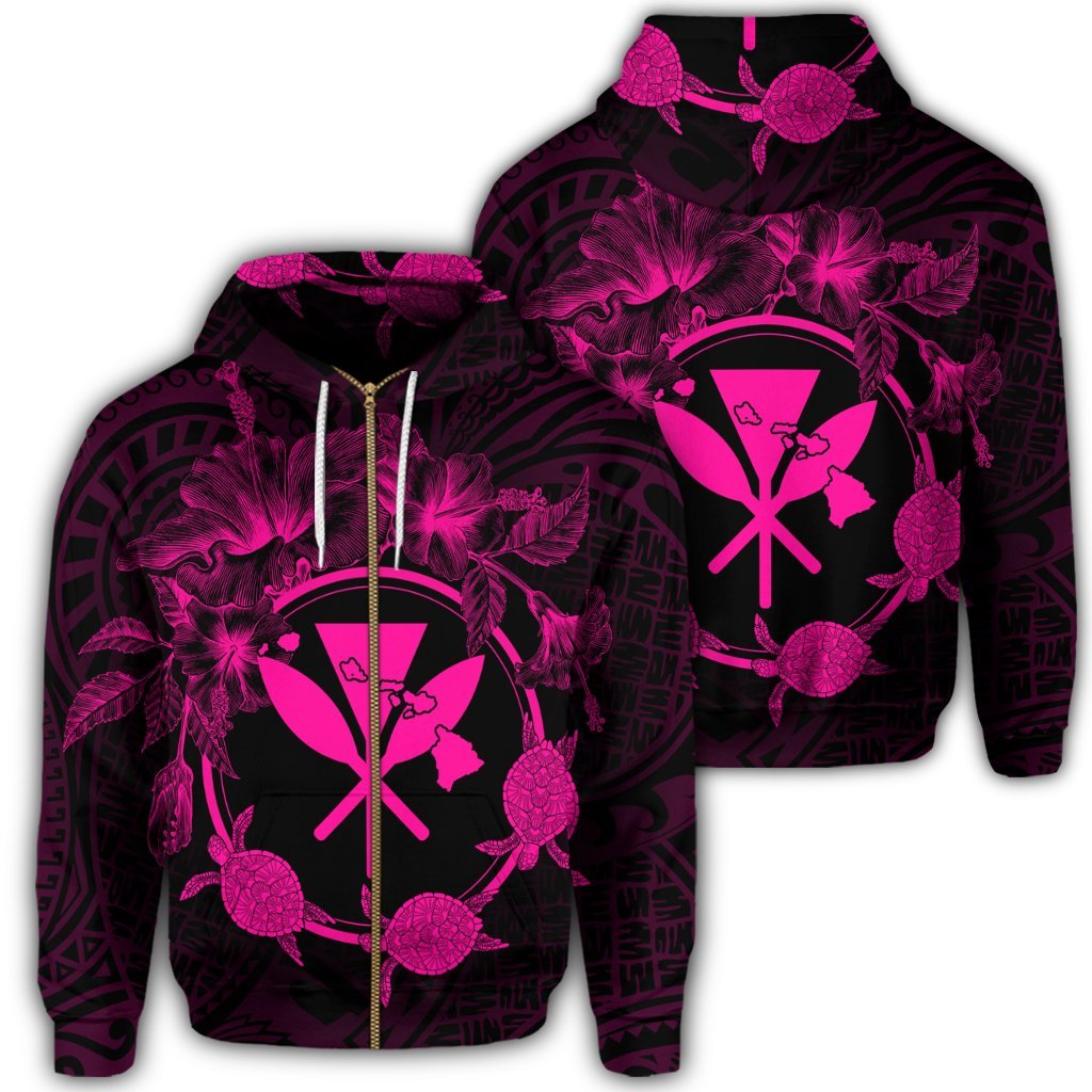 Hawaii Kanaka Turtle Hibiscus Polynesian Zip Hoodie Anthea Style Pink Unisex Art - Polynesian Pride