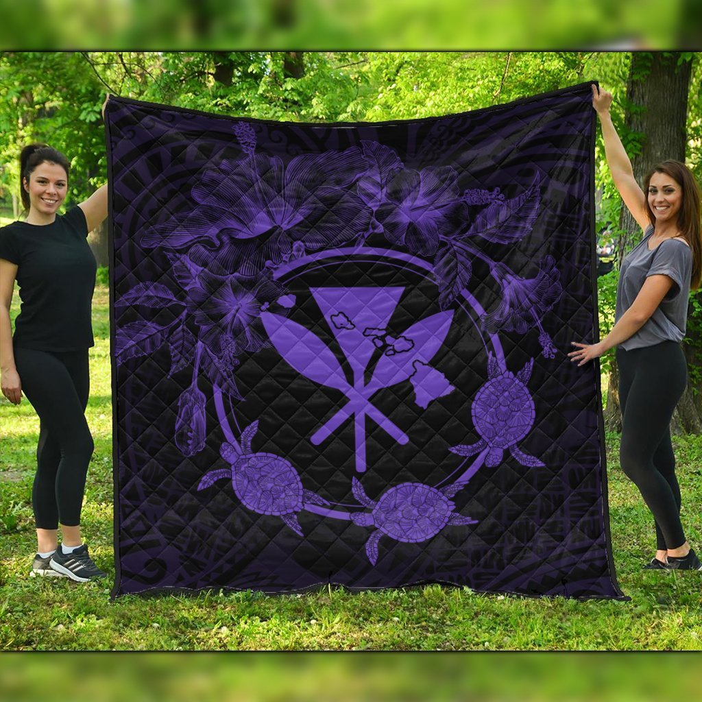 Hawaii Kanaka Turtle Hibiscus Polynesian Premium Quilts - Anthea Style Purple - AH Black - Polynesian Pride