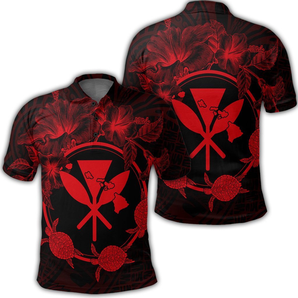 Hawaii Kanaka Turtle Hibiscus Polynesian Polo Shirt Anthea Style Red Unisex Black - Polynesian Pride