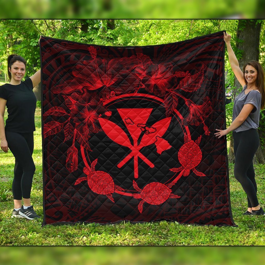 Hawaii Kanaka Turtle Hibiscus Polynesian Premium Quilts - Anthea Style Red - AH Black - Polynesian Pride