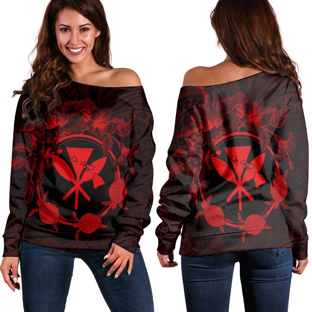 Hawaii Kanaka Turtle Hibiscus Polynesian Women's Off Shoulder Sweater - Anthea Style Red - AH Black - Polynesian Pride