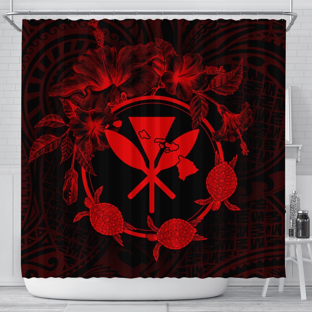 Hawaii Kanaka Turtle Hibiscus Polynesian Shower Curtain - Anthea Style Red - AH 177 x 172 (cm) Black - Polynesian Pride