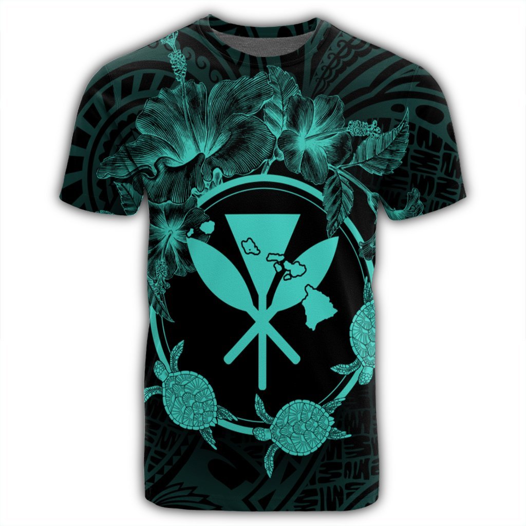 Hawaii Kanaka Turtle Hibiscus Polynesian T Shirt Anthea Style Turquoise - Polynesian Pride