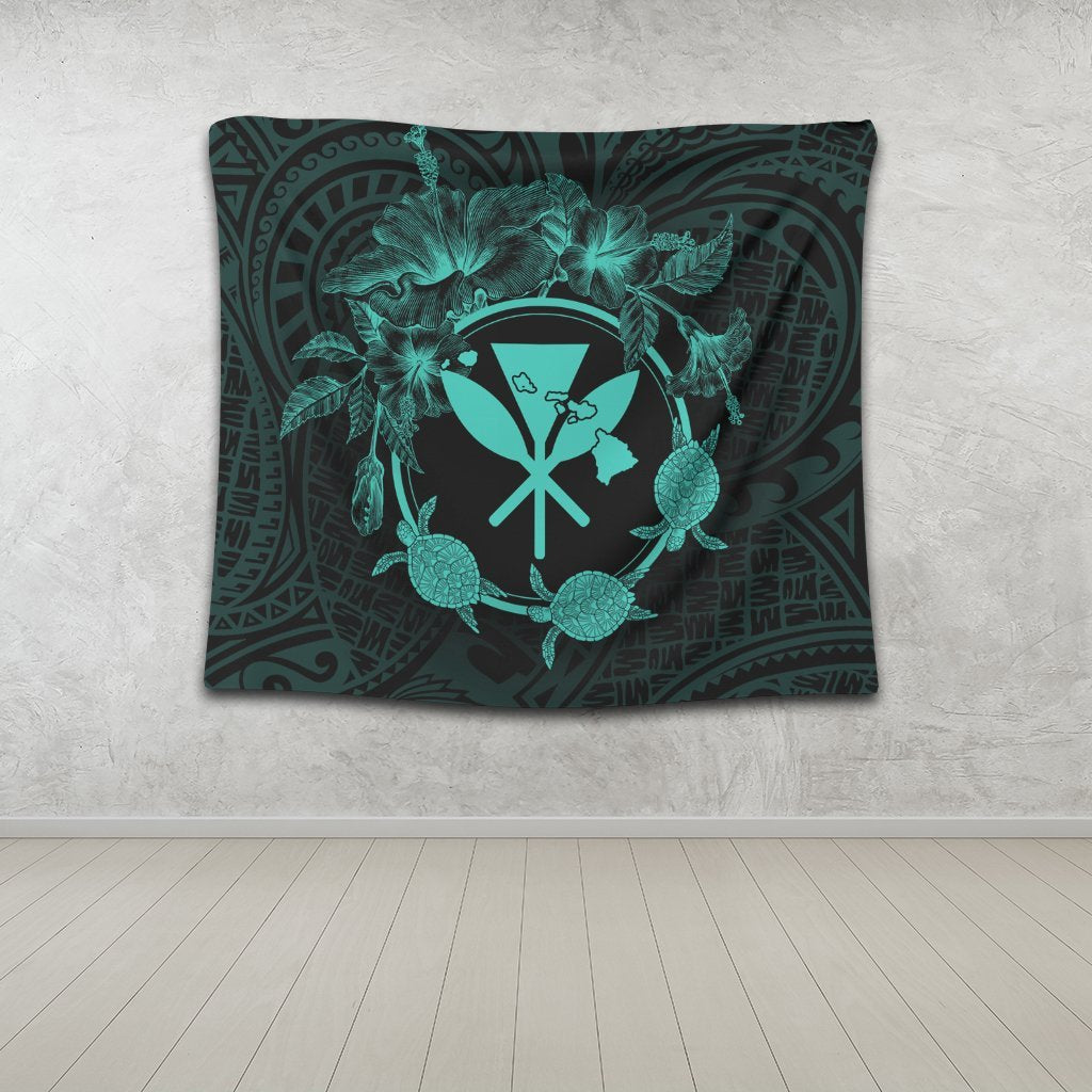 Hawaii Kanaka Turtle Hibiscus Polynesian Tapestry - Anthea Style Turquoise - AH - Polynesian Pride