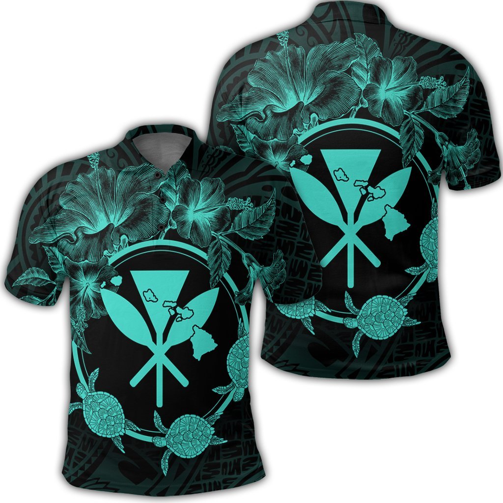 Hawaii Kanaka Turtle Hibiscus Polynesian Polo Shirt Anthea Style Turquoise Unisex Black - Polynesian Pride