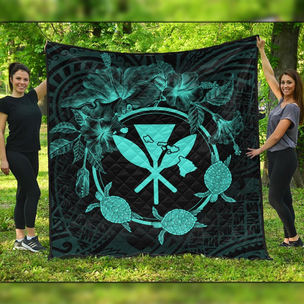 Hawaii Kanaka Turtle Hibiscus Polynesian Premium Quilts - Anthea Style Turquoise - AH Black - Polynesian Pride