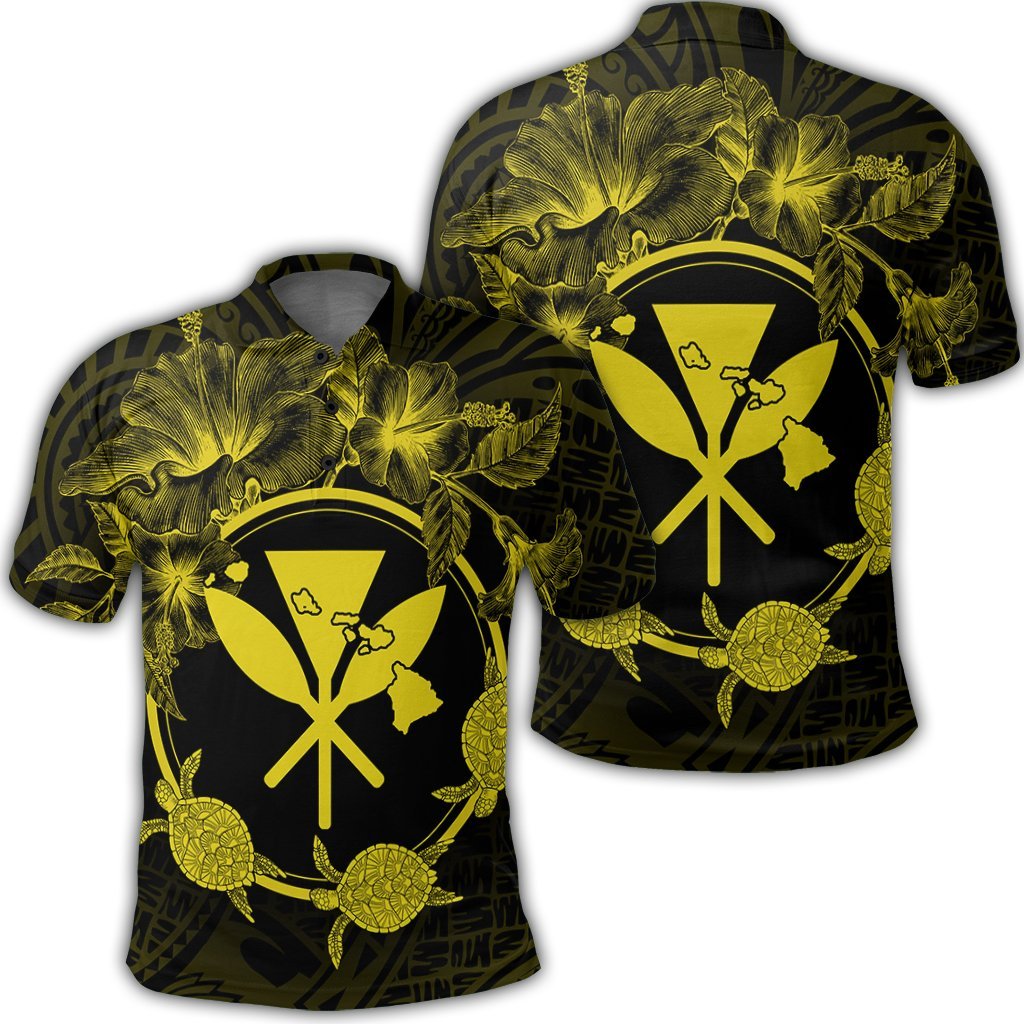 Hawaii Kanaka Turtle Hibiscus Polynesian Polo Shirt Anthea Style Yellow Unisex Black - Polynesian Pride