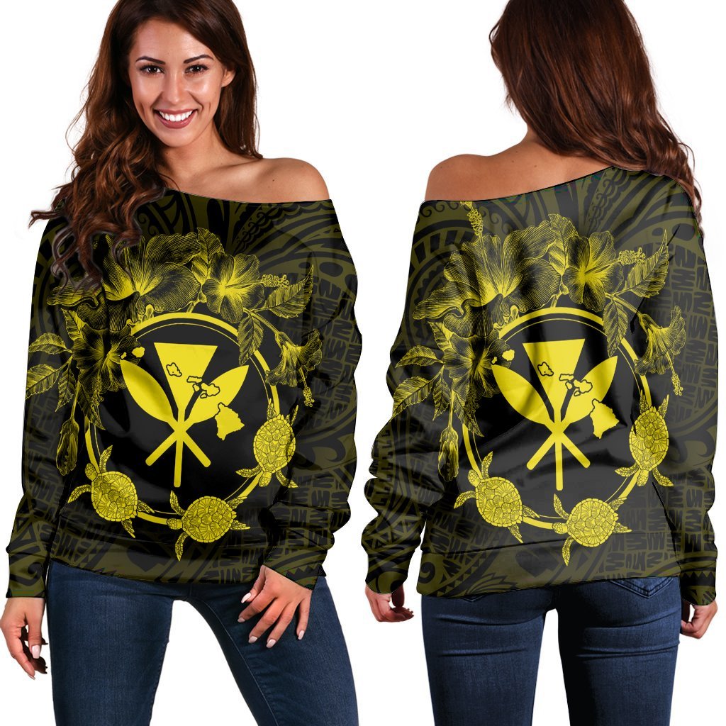 Hawaii Kanaka Turtle Hibiscus Polynesian Women's Off Shoulder Sweater - Anthea Style Yellow - AH Black - Polynesian Pride