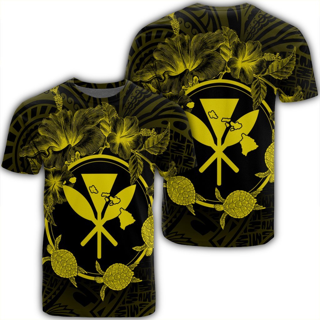 Hawaii Kanaka Turtle Hibiscus Polynesian T Shirt Anthea Style Yellow Unisex Black - Polynesian Pride