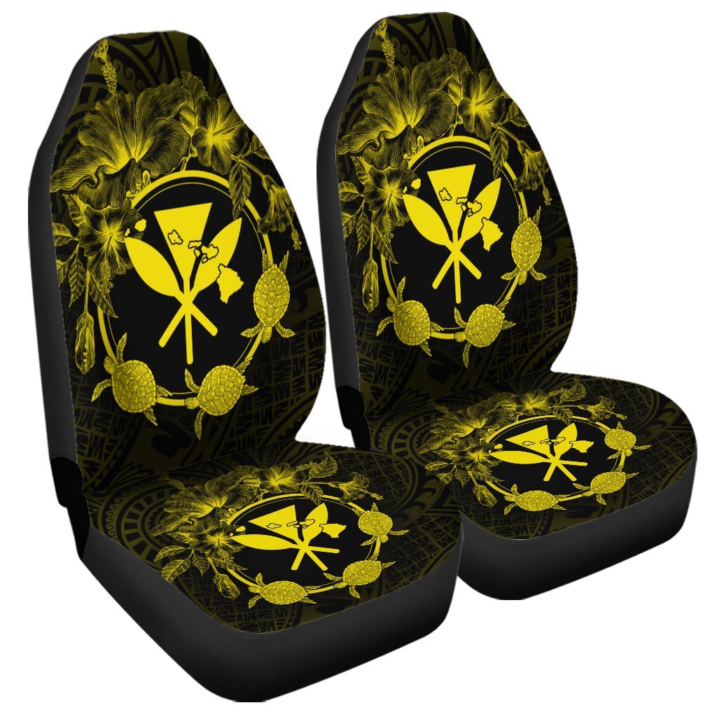 Hawaii Kanaka Turtle Hibiscus Polynesian Car Seat Covers - Anthea Style Yellow - AH Universal Fit Black - Polynesian Pride