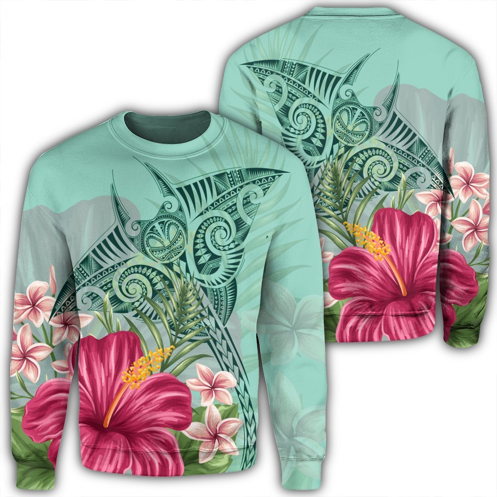 Hawaii Manta Ray Tropical Hibiscus Plumeria Sweatshirt - AH Unisex Black - Polynesian Pride