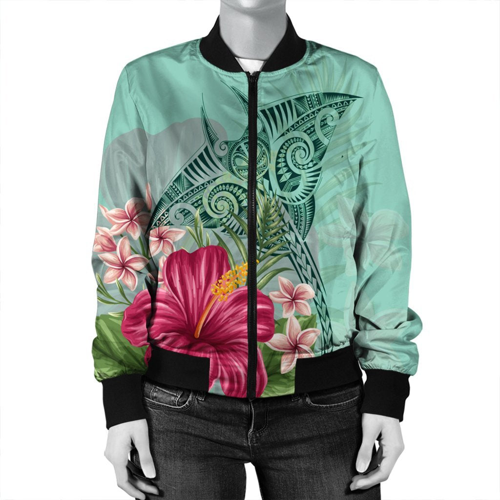 Hawaii Manta Ray Tropical Hibiscus Plumeria Bomber Jacket - AH - Polynesian Pride