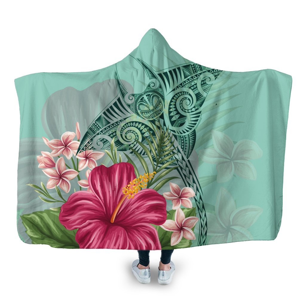 Hawaii Manta Ray Tropical Hibiscus Plumeria Hooded Blanket - AH Hooded Blanket White - Polynesian Pride