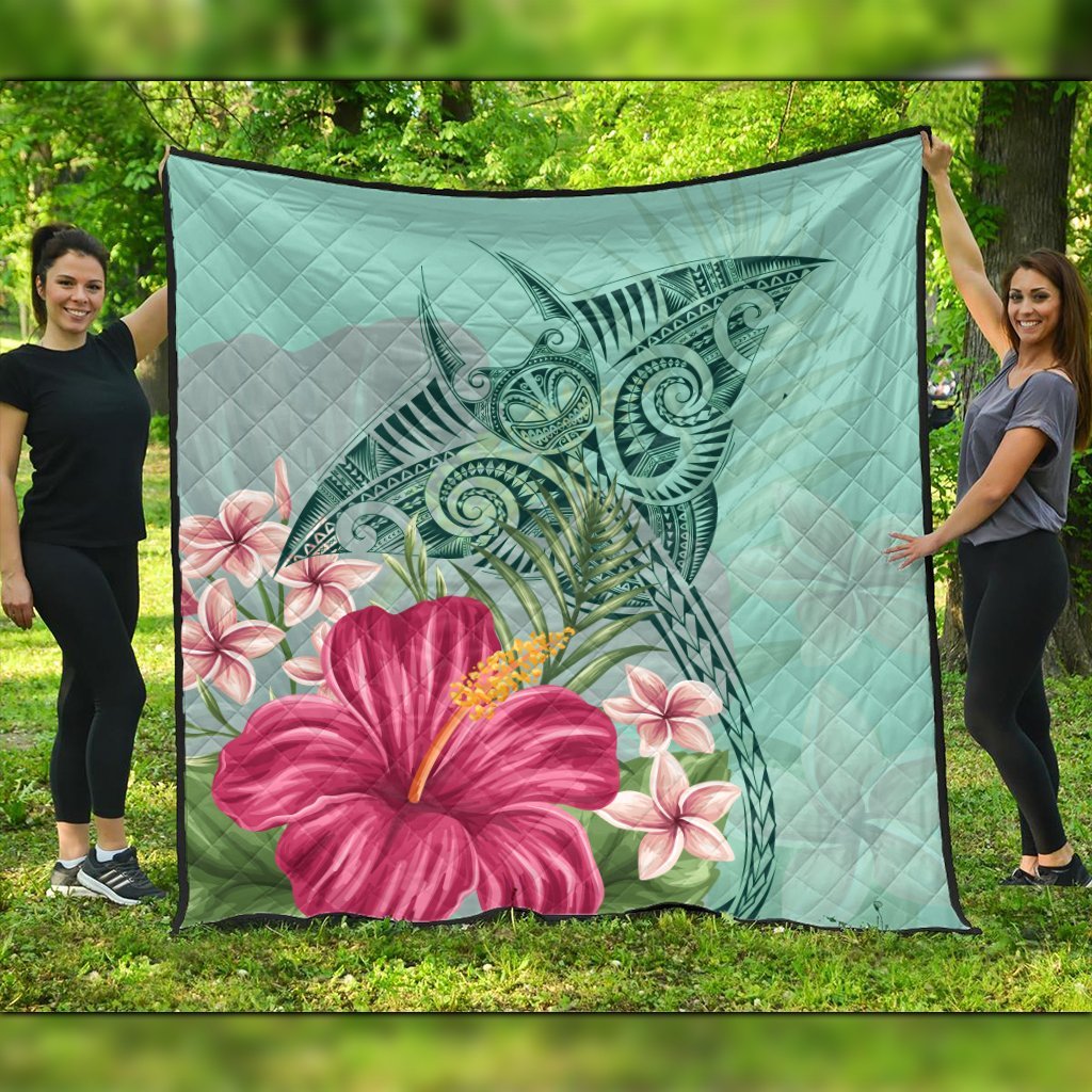 Hawaii Manta Ray Tropical Hibiscus Plumeria Premium Quilts - AH Black - Polynesian Pride