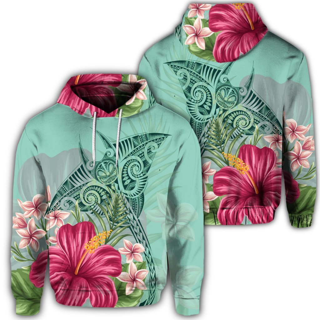 Hawaiian Manta Ray Tropical Hibiscus Plumeria Hoodie Unisex Art - Polynesian Pride