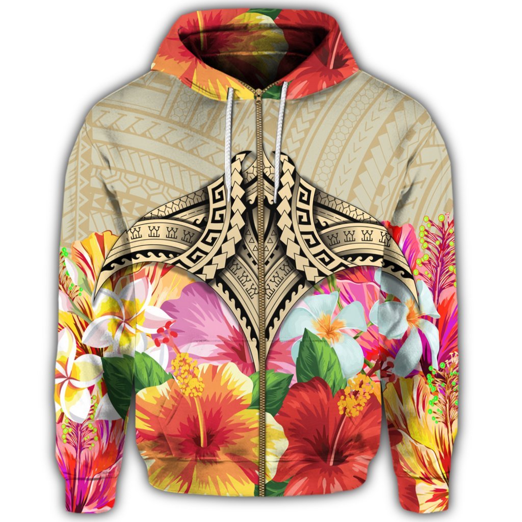 Hawaii Manta Ray Tropical Hibiscus Plumeria Polynesian Zip Hoodie - Polynesian Pride