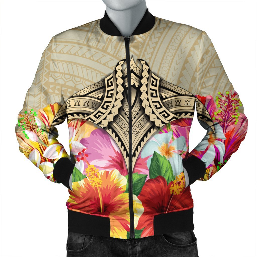 Hawaii Manta Ray Tropical Hibiscus Plumeria Polynesian Bomber Jacket - AH Black Unisex - Polynesian Pride