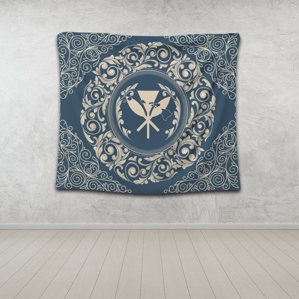 Hawaii Map Classic Floral Tapestry Blue - AH - Polynesian Pride