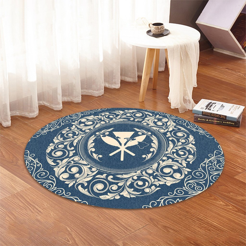 Hawaii Map Classic Floral Round Carpet Blue - AH - Polynesian Pride