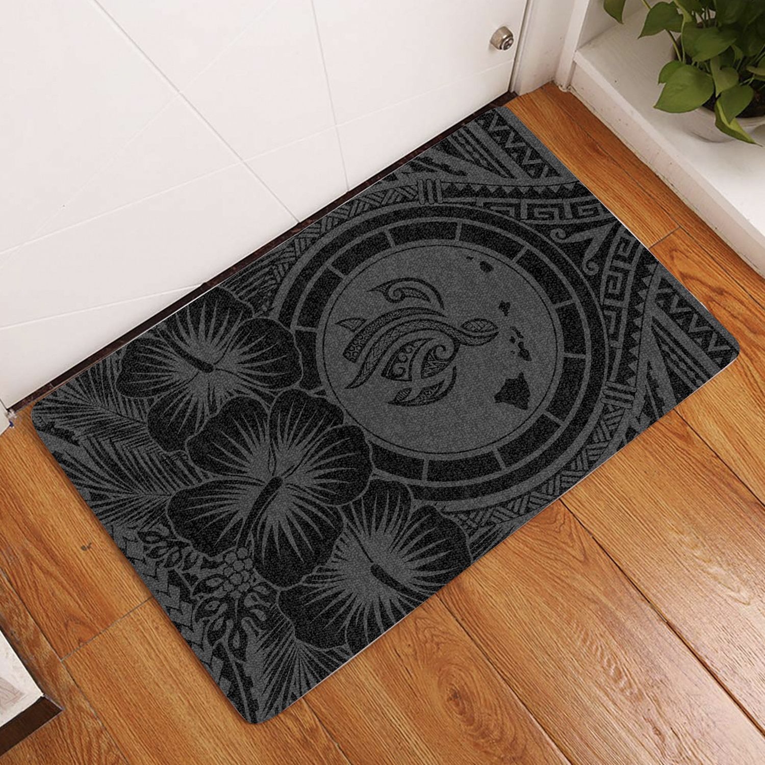 Hawaii Map Honu Hibiscus Polynesian Door Mat Gray AH Door Mat Gray - Polynesian Pride