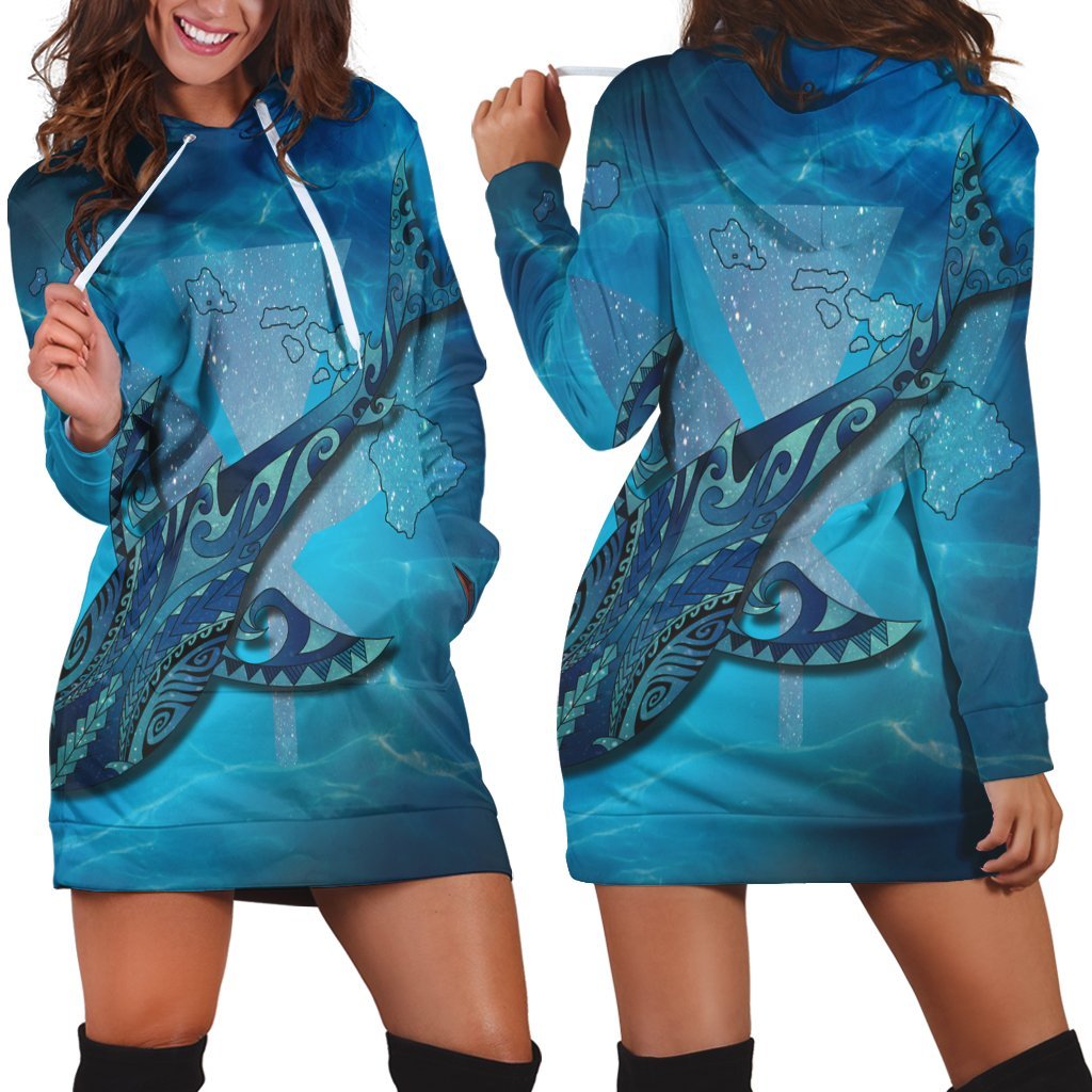 Hawaii Map Kanaka Galaxy Shark Hoodie Dress - AH Black - Polynesian Pride