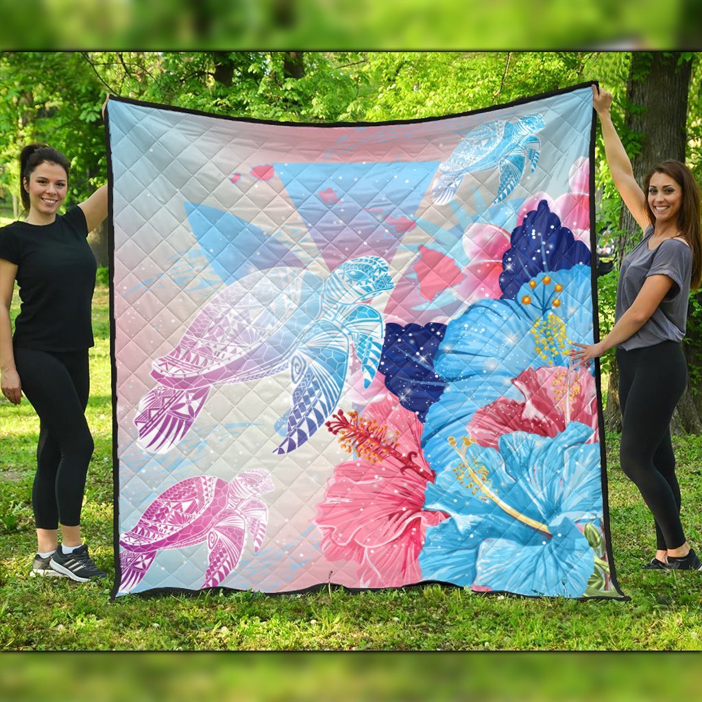 Hawaii Map Kanaka Hibiscus Polynesian Turtle Swimming Premium Quilts - Sweet Dream Style - AH Black - Polynesian Pride