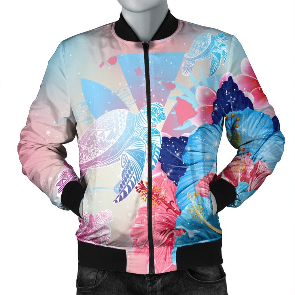 Hawaii Map Kanaka Hibiscus Polynesian Turtle Swimming Bomber Jacket - Sweet Dream Style - AH Black Unisex - Polynesian Pride