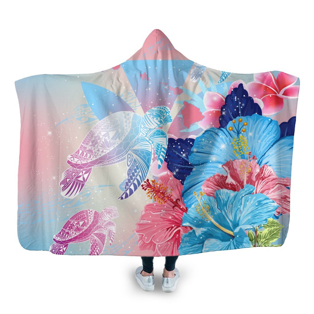 Hawaii Map Kanaka Hibiscus Polynesian Turtle Swimming Hooded Blanket - Sweet Dream Style - AH Hooded Blanket White - Polynesian Pride