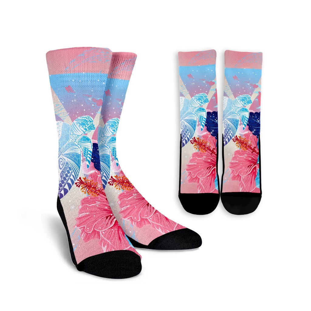 Hawaii Map Kanaka Hibiscus Polynesian Turtle Swimming Crew Socks - Sweet Dream Style - AH Crew Socks White - Polynesian Pride