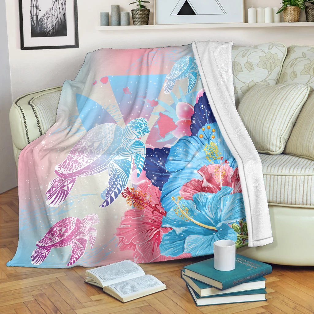 Hawaii Map Kanaka Hibiscus Polynesian Turtle Swimming Premium Blankets - Sweet Dream Style - AH White - Polynesian Pride