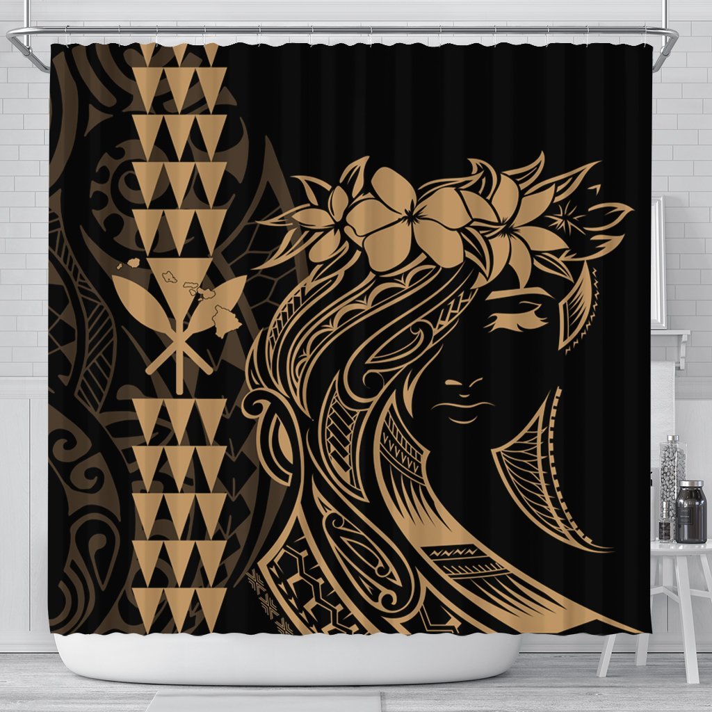 Hawaii Map Kanaka Polynesian Hula Girl Shower Curtain Gold - AH - J5C 177 x 172 (cm) Black - Polynesian Pride