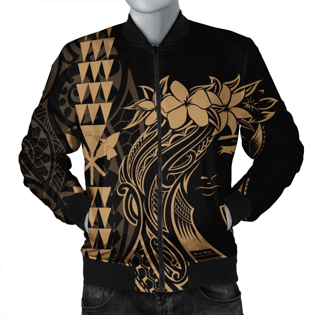 Hawaii Map Kanaka Polynesian Hula Girl Bomber Jacket Gold - AH - J5R Black Unisex - Polynesian Pride