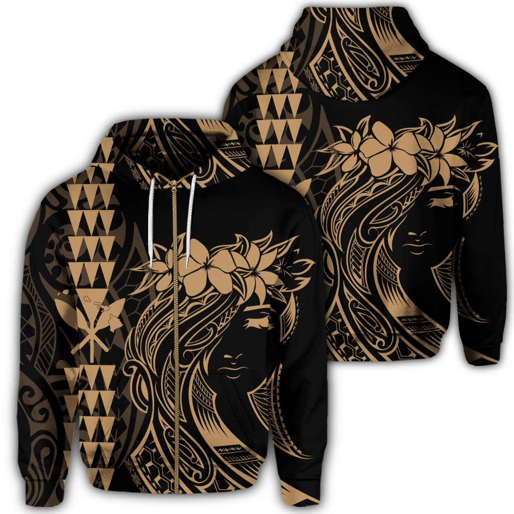 Hawaii Map Kanaka Polynesian Hula Girl Zip Hoodie Gold Unisex Art - Polynesian Pride