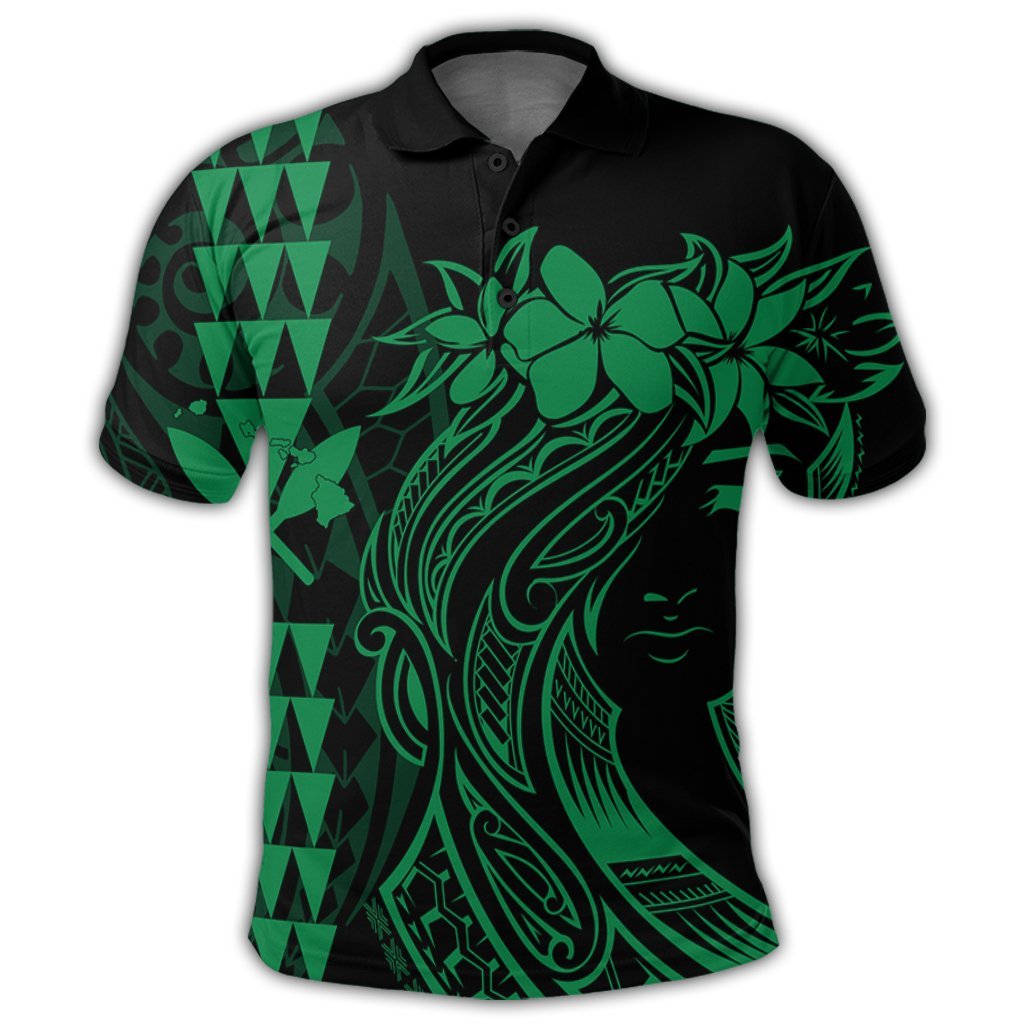 Hawaii Map Kanaka Polynesian Hula Girl Polo Shirt Green J5R - Polynesian Pride