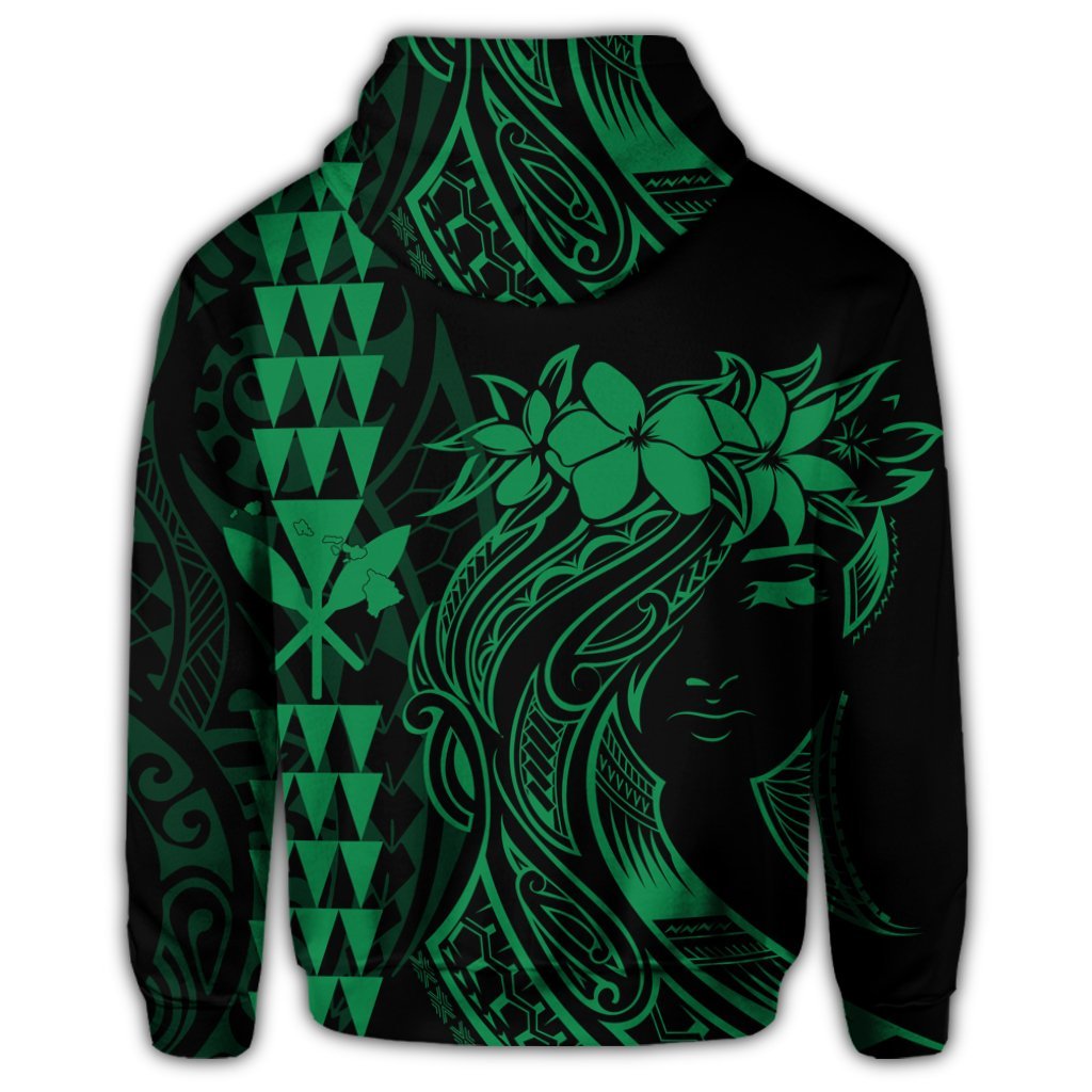 Hawaii Map Kanaka Polynesian Hula Girl Zip Hoodie Green - Polynesian Pride