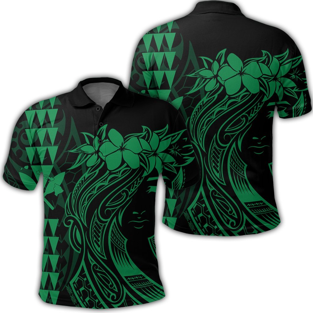 Hawaii Map Kanaka Polynesian Hula Girl Polo Shirt Green J5R Unisex Black - Polynesian Pride