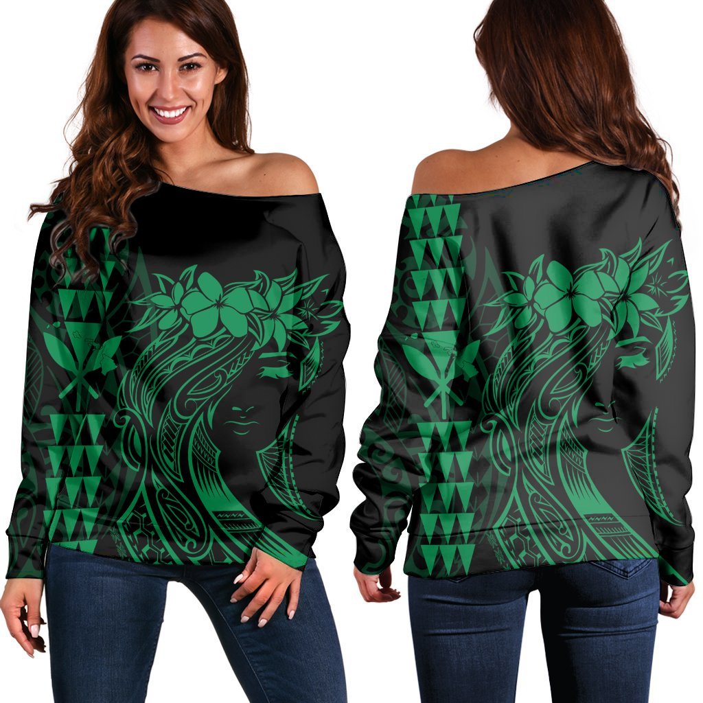 Hawaii Map Kanaka Polynesian Hula Girl Women's Off Shoulder Sweater Green - AH - J5R Black - Polynesian Pride