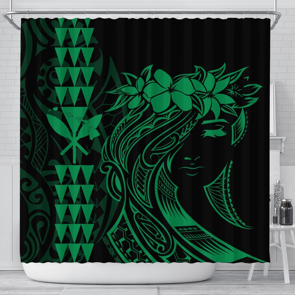 Hawaii Map Kanaka Polynesian Hula Girl Shower Curtain Green - AH - J5C 177 x 172 (cm) Black - Polynesian Pride