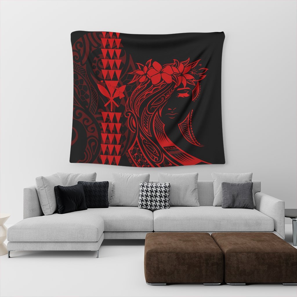 Hawaii Map Kanaka Polynesian Hula Girl Tapestry Red - AH - J5C - Polynesian Pride