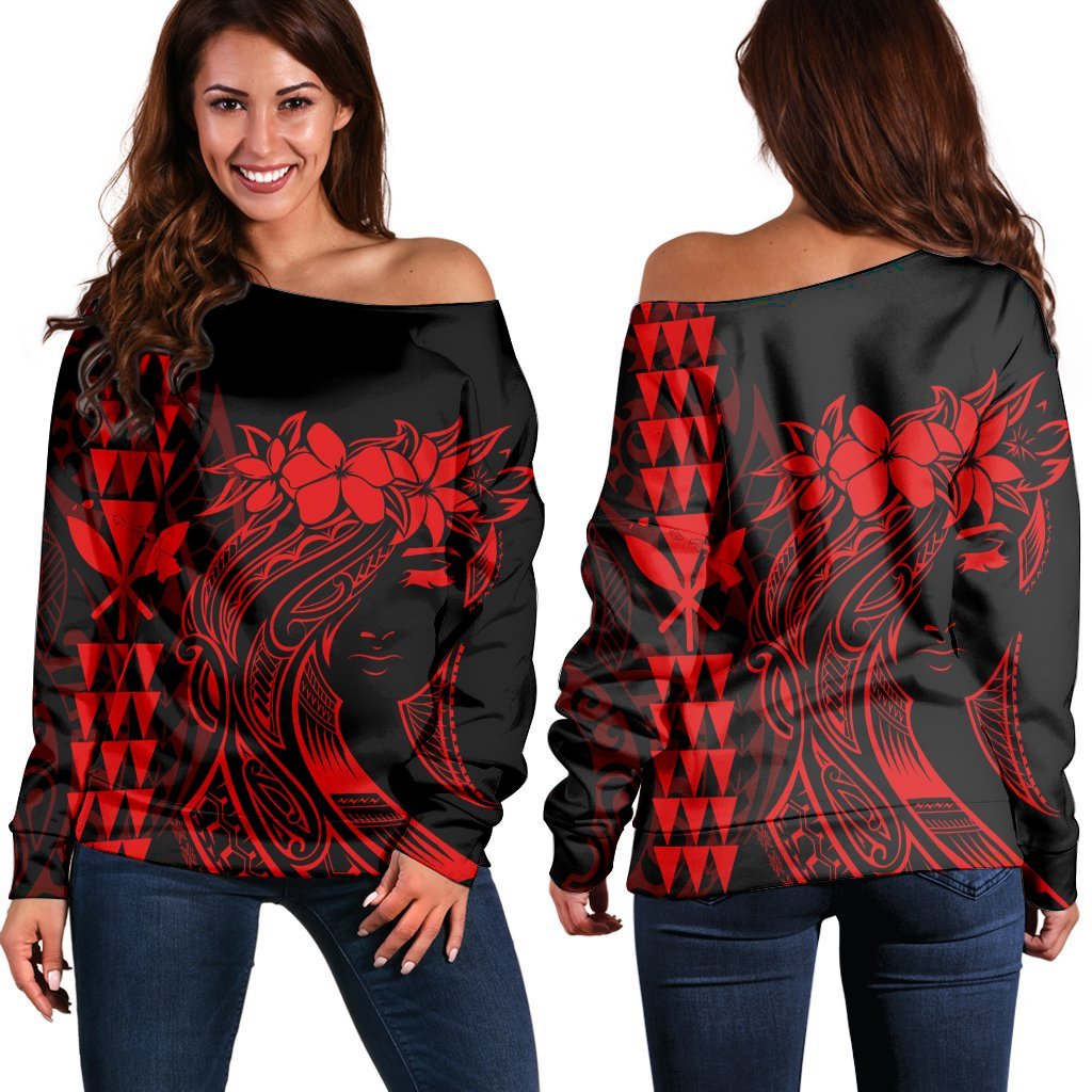 Hawaii Map Kanaka Polynesian Hula Girl Women's Off Shoulder Sweater Red - AH - J5R Black - Polynesian Pride