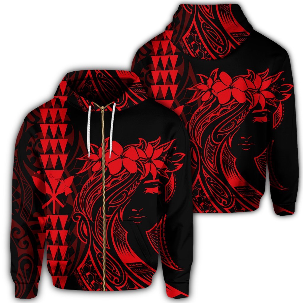 Hawaii Map Kanaka Polynesian Hula Girl Zip Hoodie Red Unisex Art - Polynesian Pride