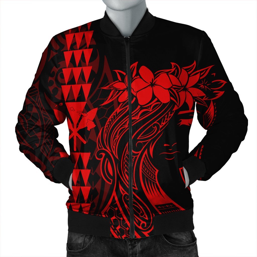 Hawaii Map Kanaka Polynesian Hula Girl Bomber Jacket Red - AH - J5R Black Unisex - Polynesian Pride