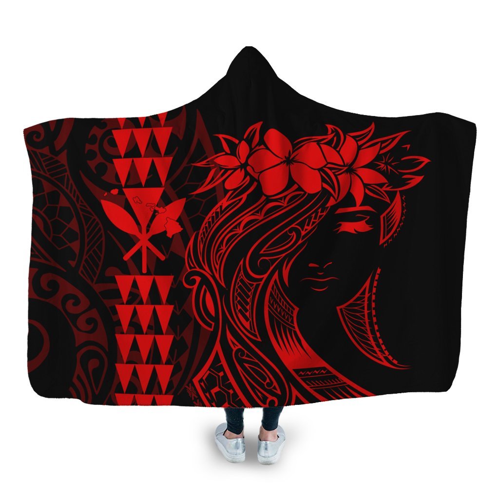 Hawaii Map Kanaka Polynesian Hula Girl Hooded Blanket Red - AH - J5R Hooded Blanket White - Polynesian Pride