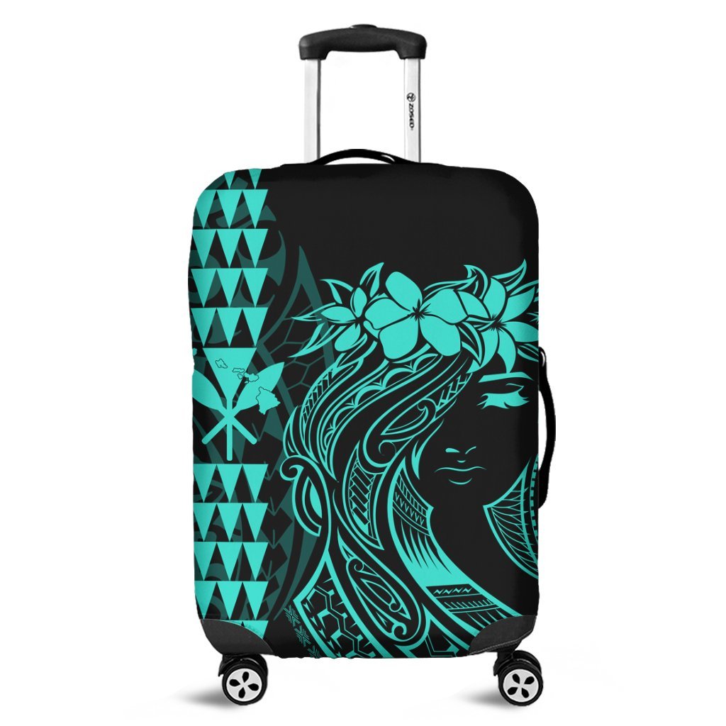 Hawaii Map Kanaka Polynesian Hula Girl Luggage Covers Turquoise - AH - J5C Black - Polynesian Pride