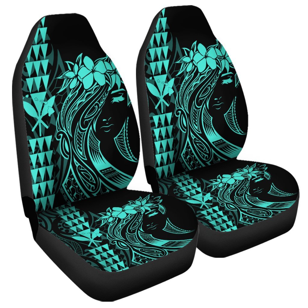 Hawaii Map Kanaka Polynesian Hula Girl Car Seat Covers Turquoise - AH - J5R Universal Fit Black - Polynesian Pride