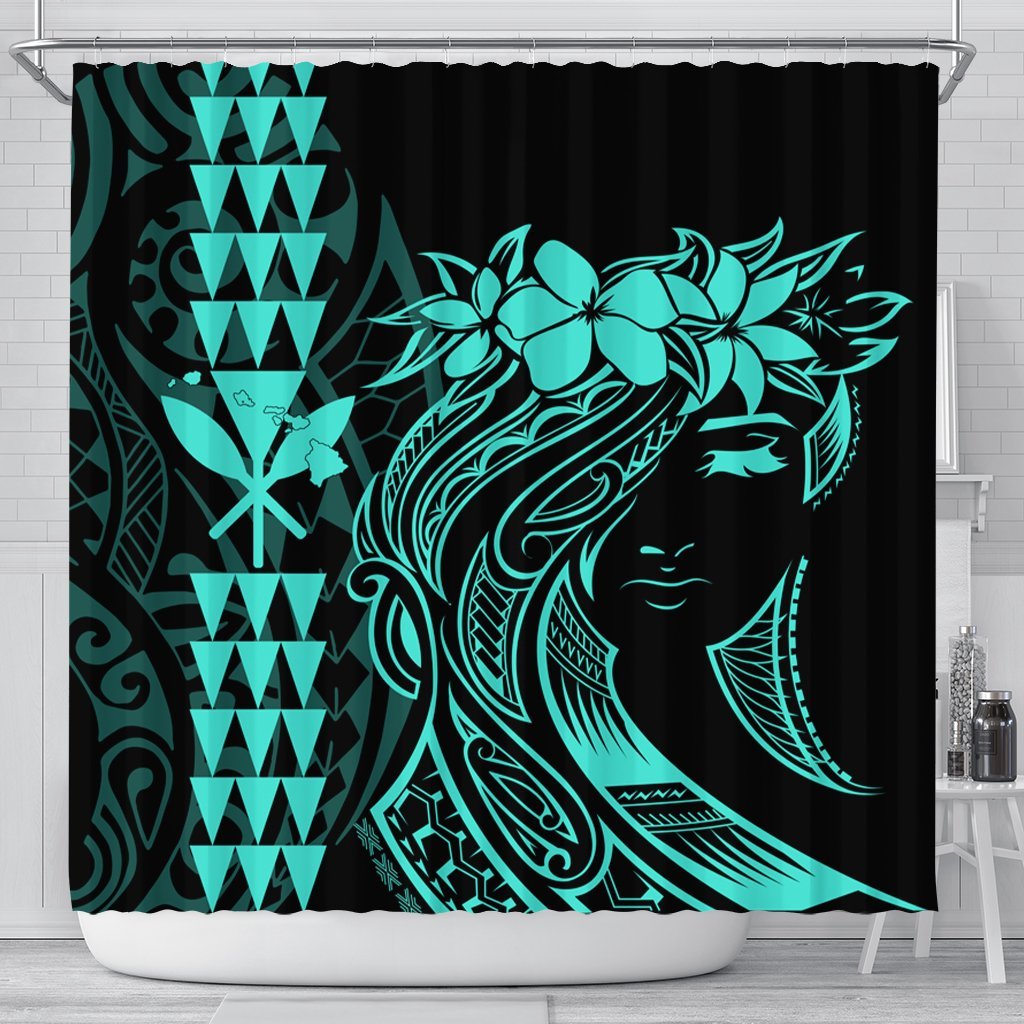 Hawaii Map Kanaka Polynesian Hula Girl Shower Curtain Turquoise - AH - J5C 177 x 172 (cm) Black - Polynesian Pride